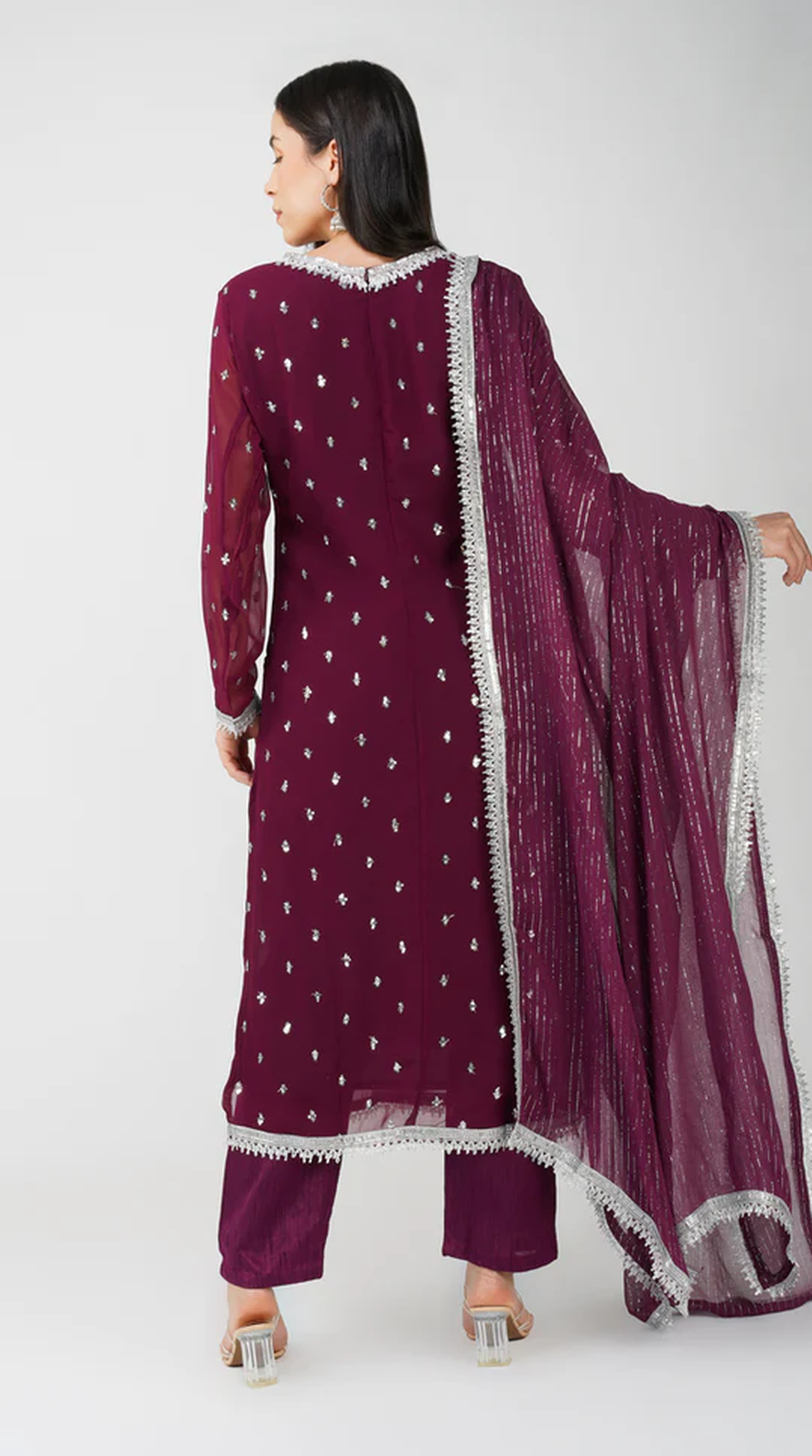 Wine Georgette Jacquard Straight Cut Suit Set