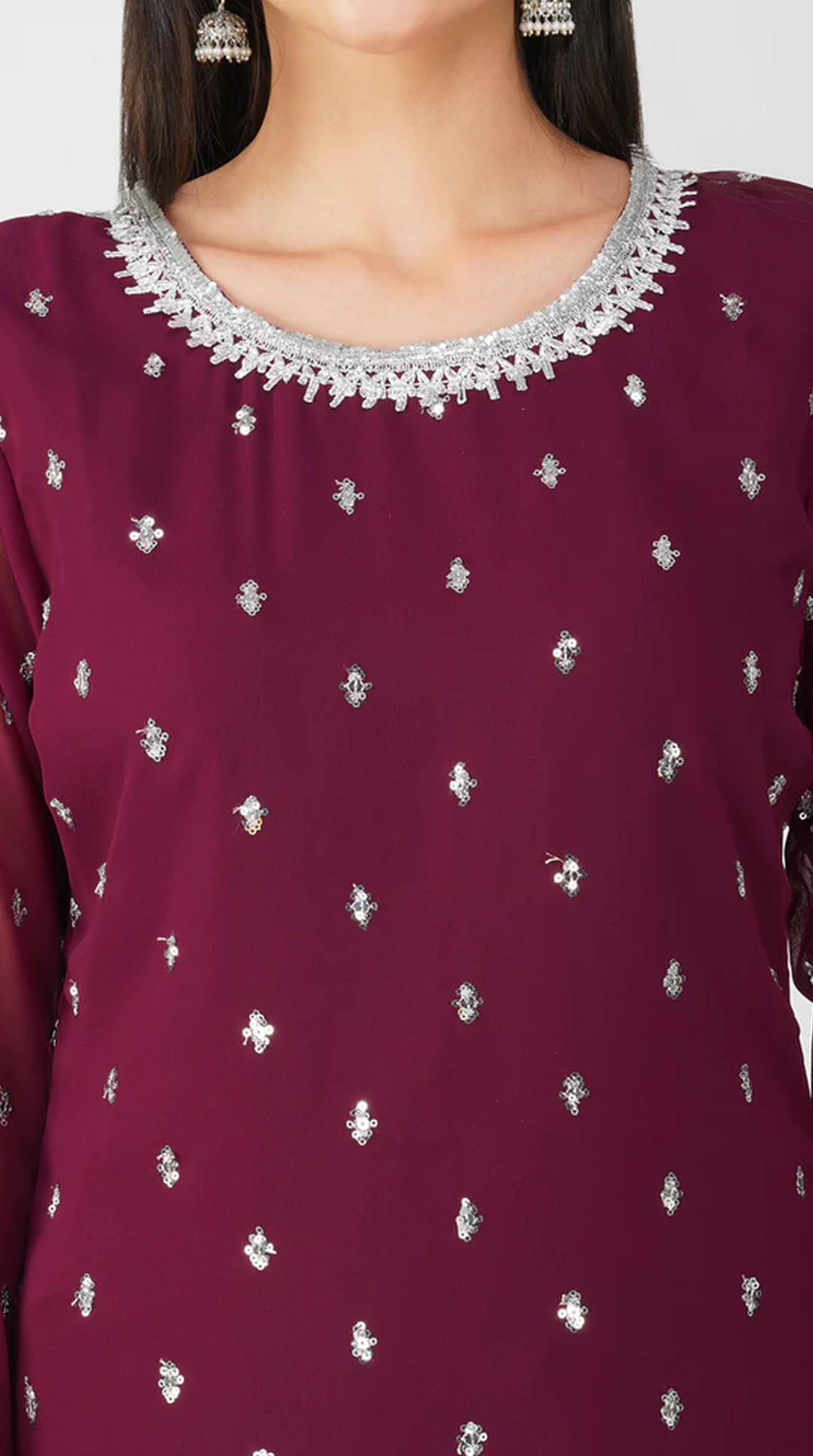 Wine Georgette Jacquard Straight Cut Suit Set