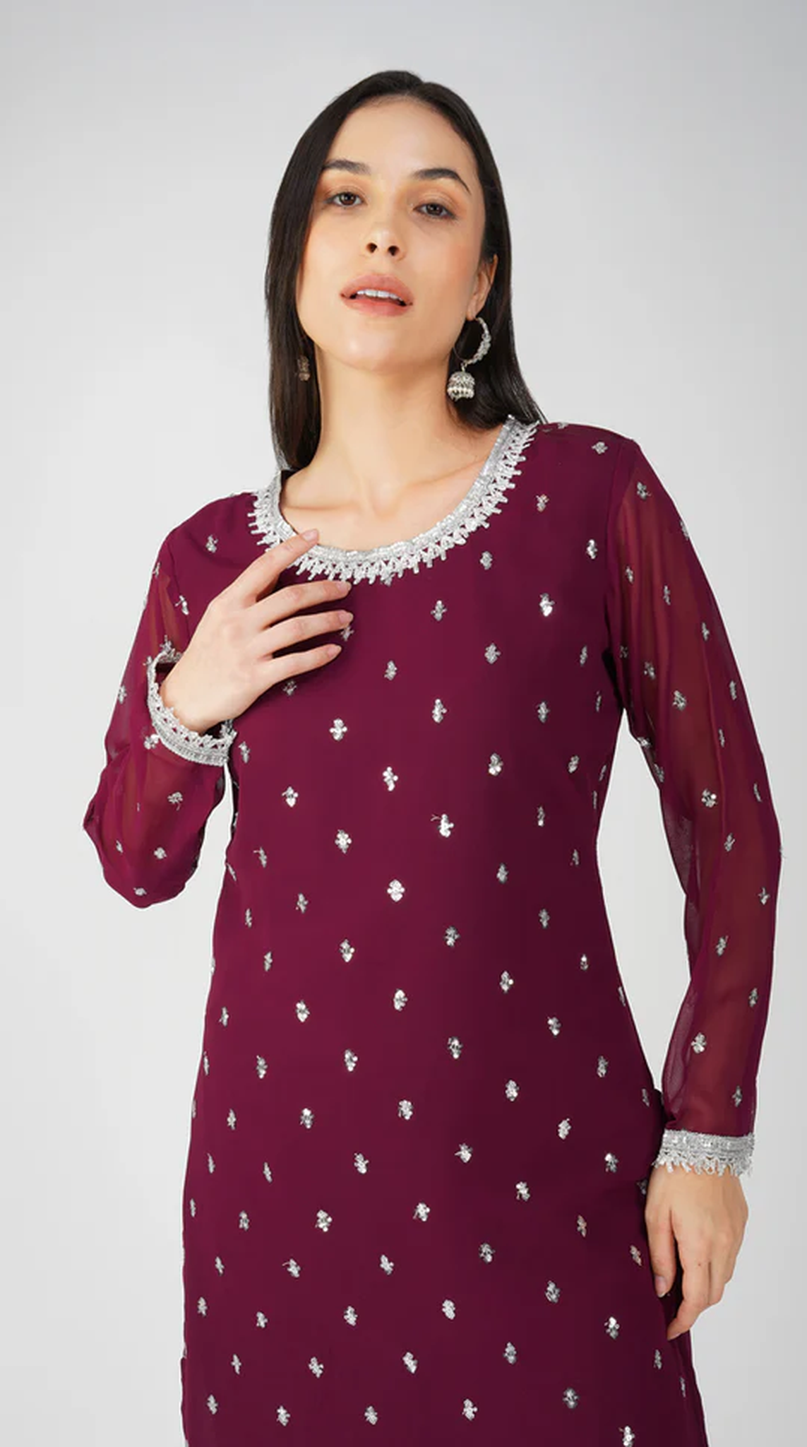 Wine Georgette Jacquard Straight Cut Suit Set