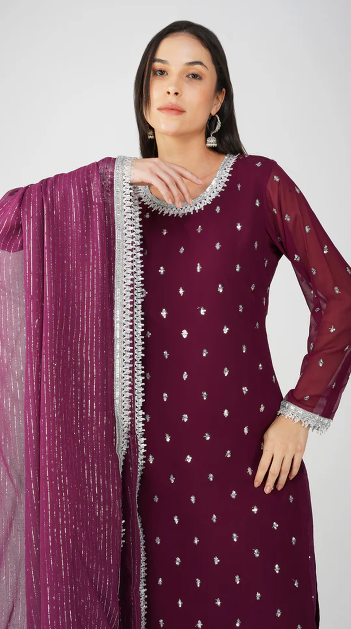 Wine Georgette Jacquard Straight Cut Suit Set