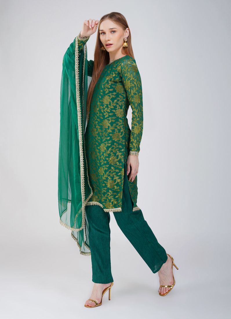Buy Green Georgette Jacquard Trouser Suit Set