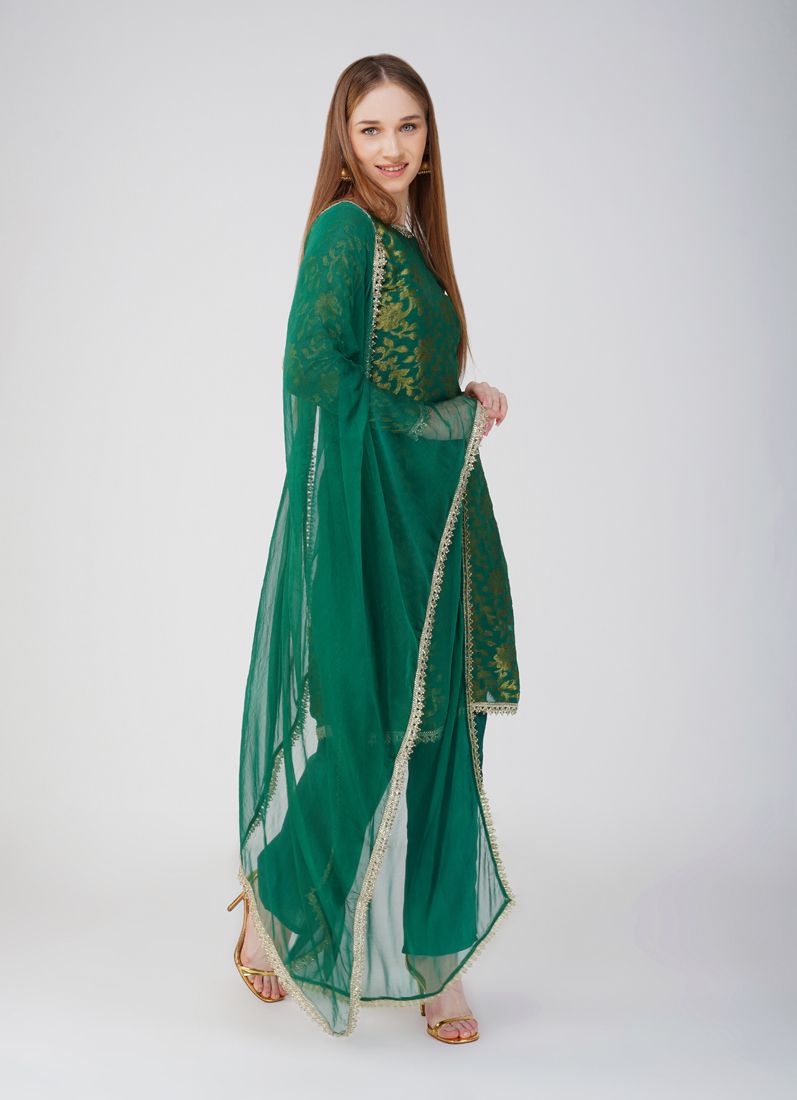 Buy Green Georgette Jacquard Trouser Suit Set
