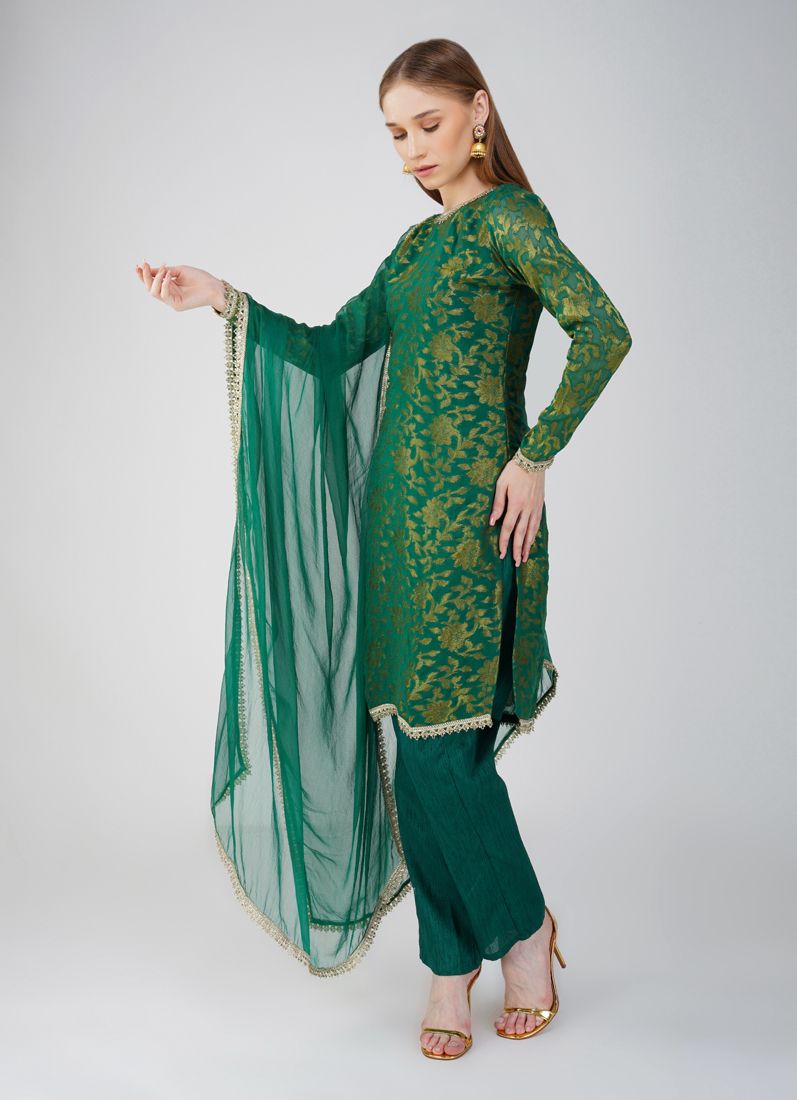 Buy Green Georgette Jacquard Trouser Suit Set