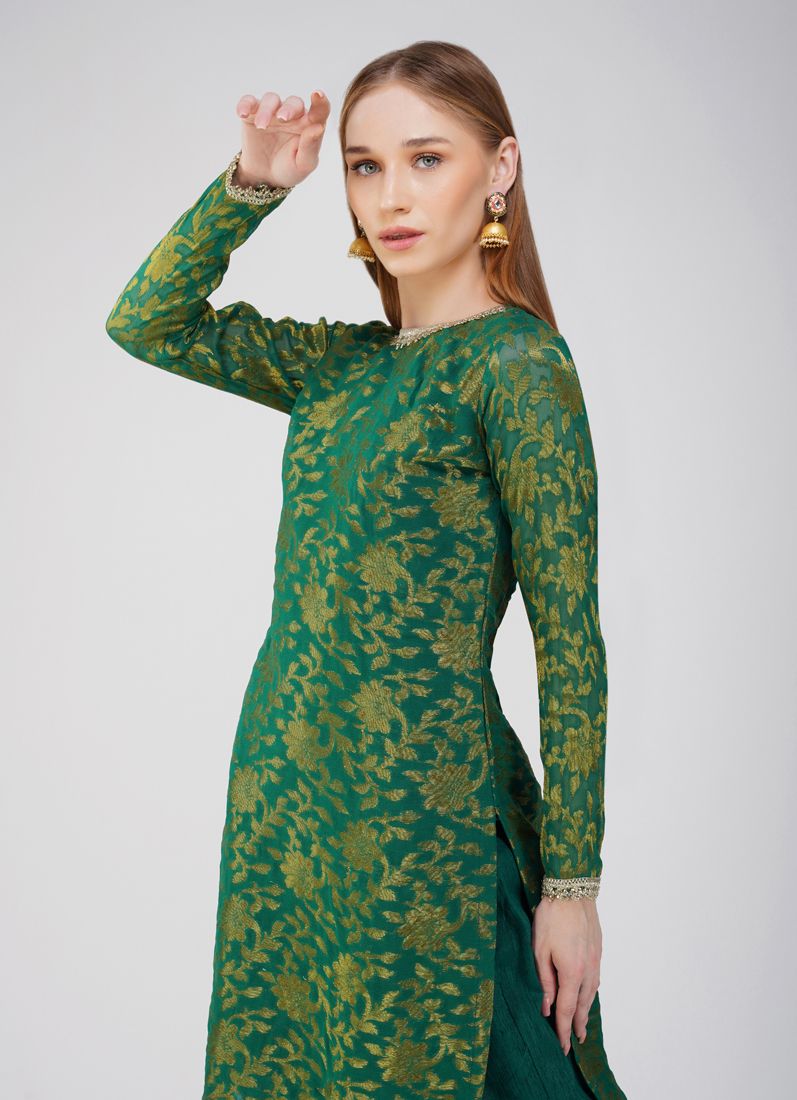 Buy Green Georgette Jacquard Trouser Suit Set