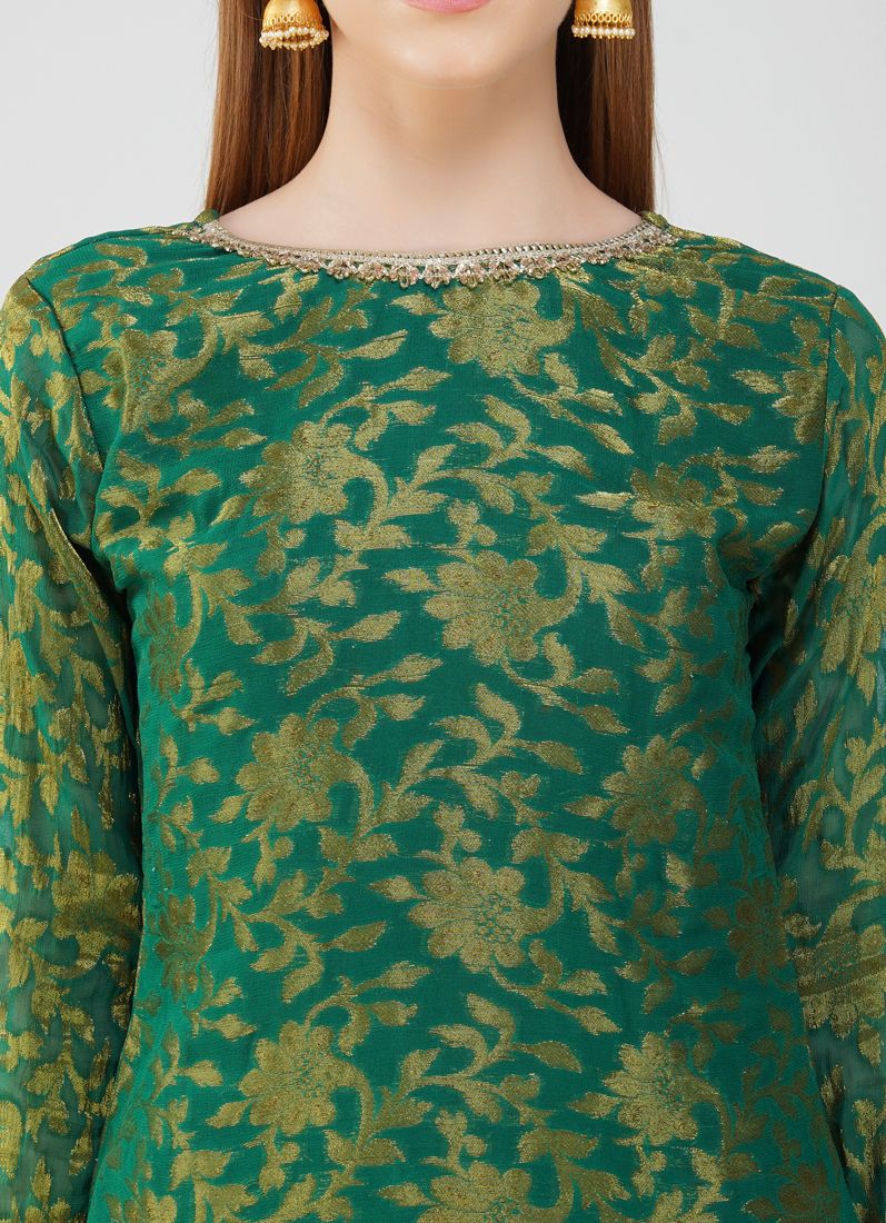 Buy Green Georgette Jacquard Trouser Suit Set