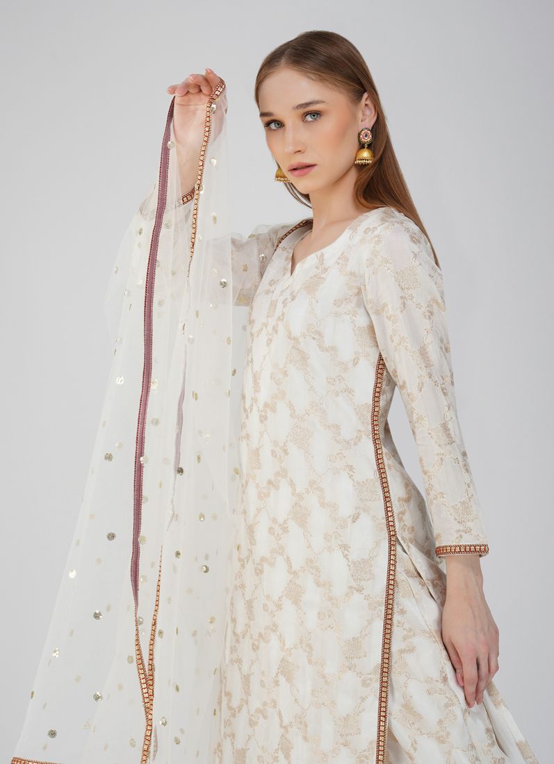 Buy Ivory Banarsi Silk Suit Set
