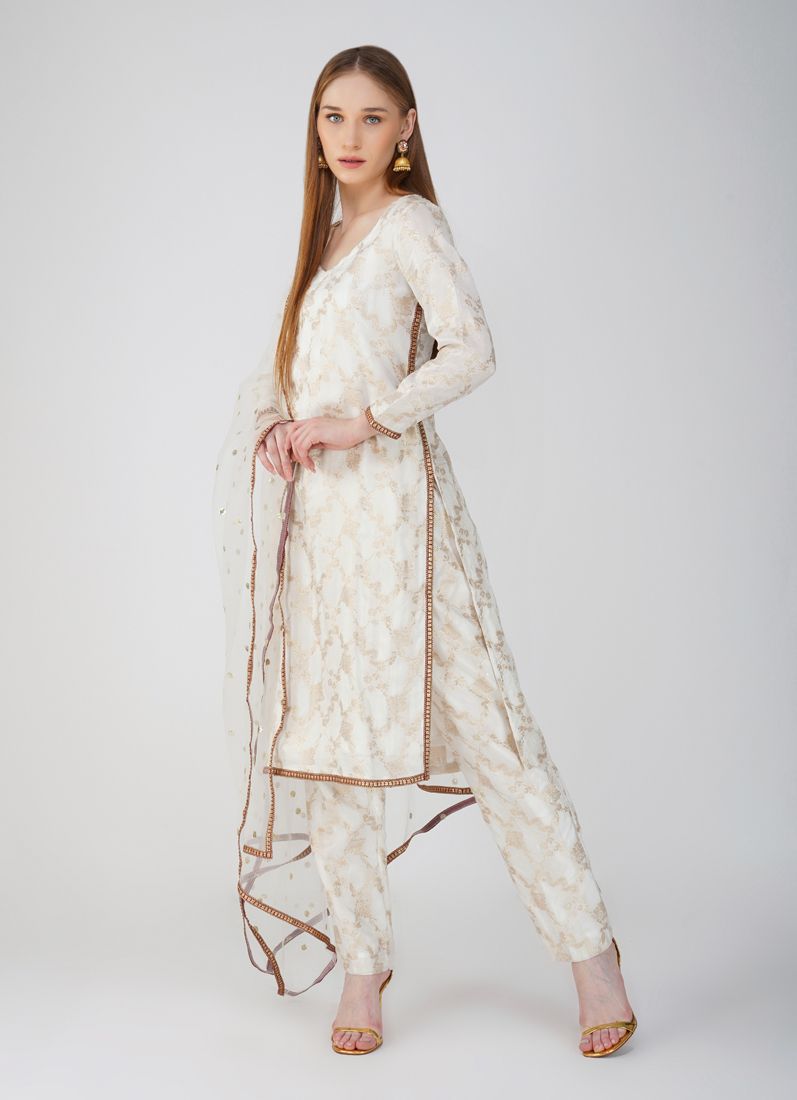 Buy Ivory Banarsi Silk Suit Set