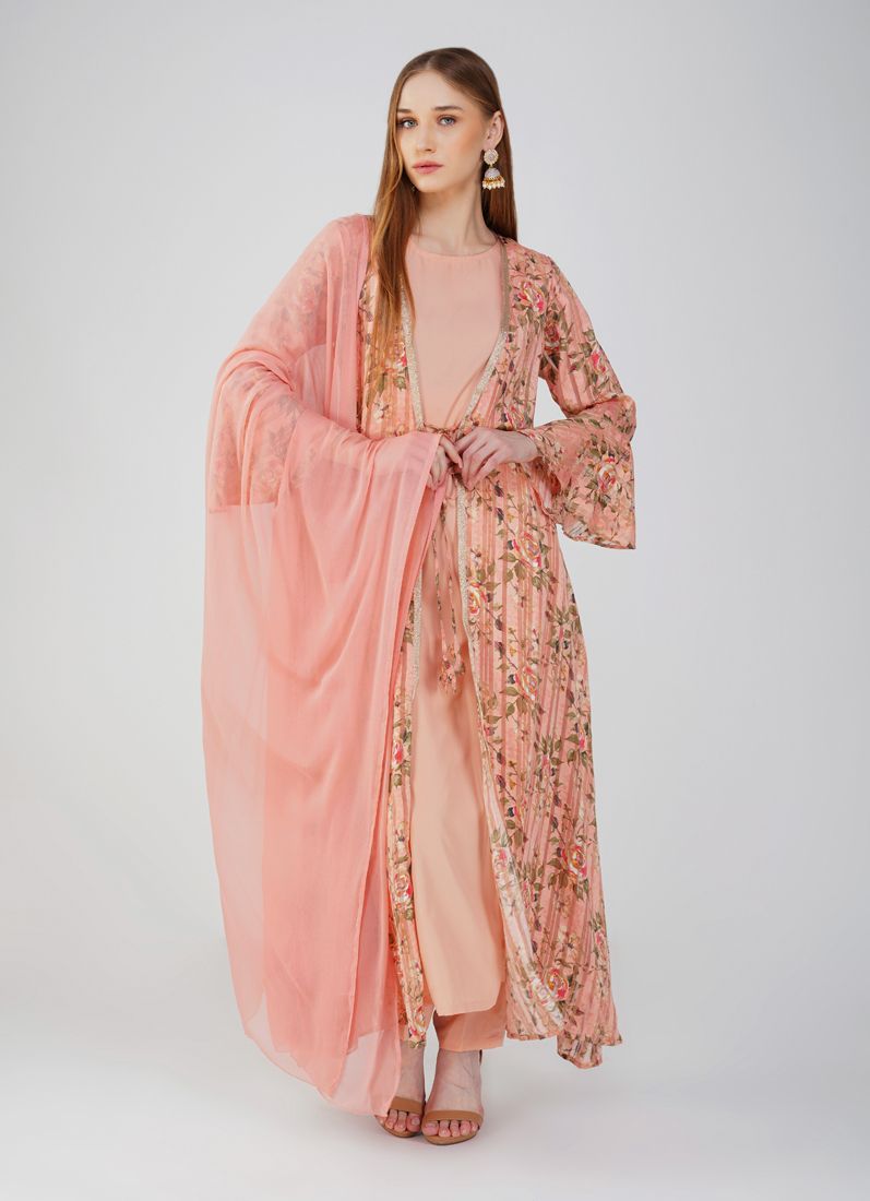 Buy Pink Satin Georgette Jacket Style Suit Set