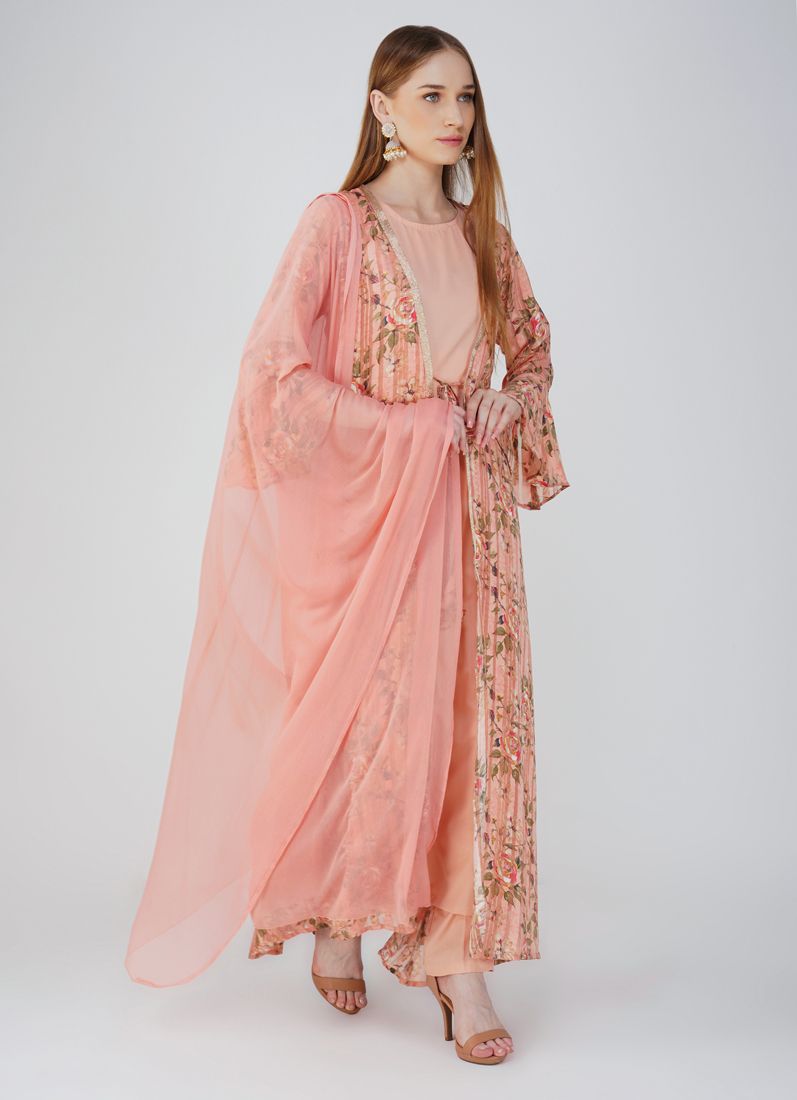 Buy Pink Satin Georgette Jacket Style Suit Set