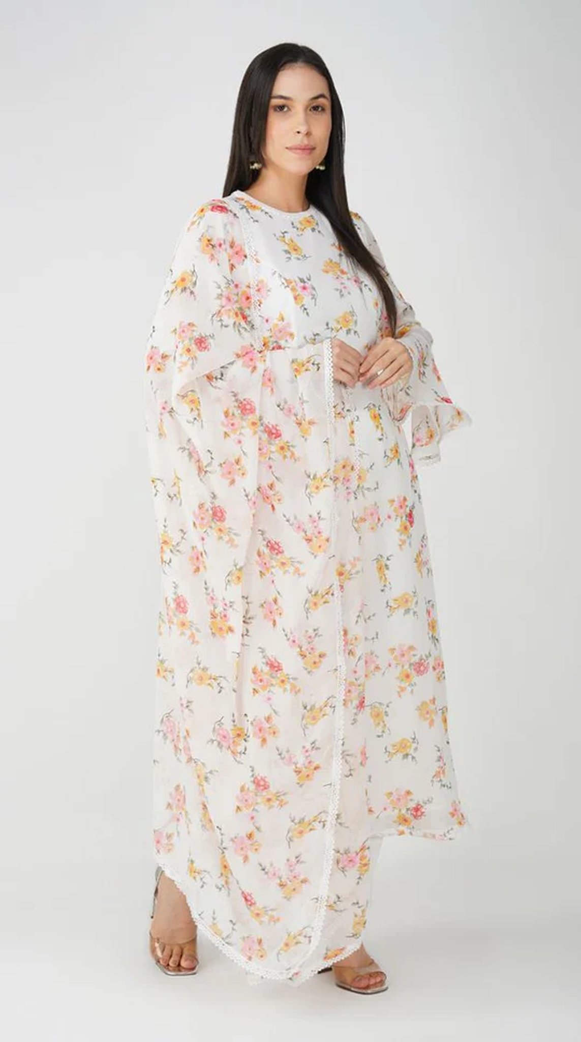 White Floral Printed Bias Cut Suit Set