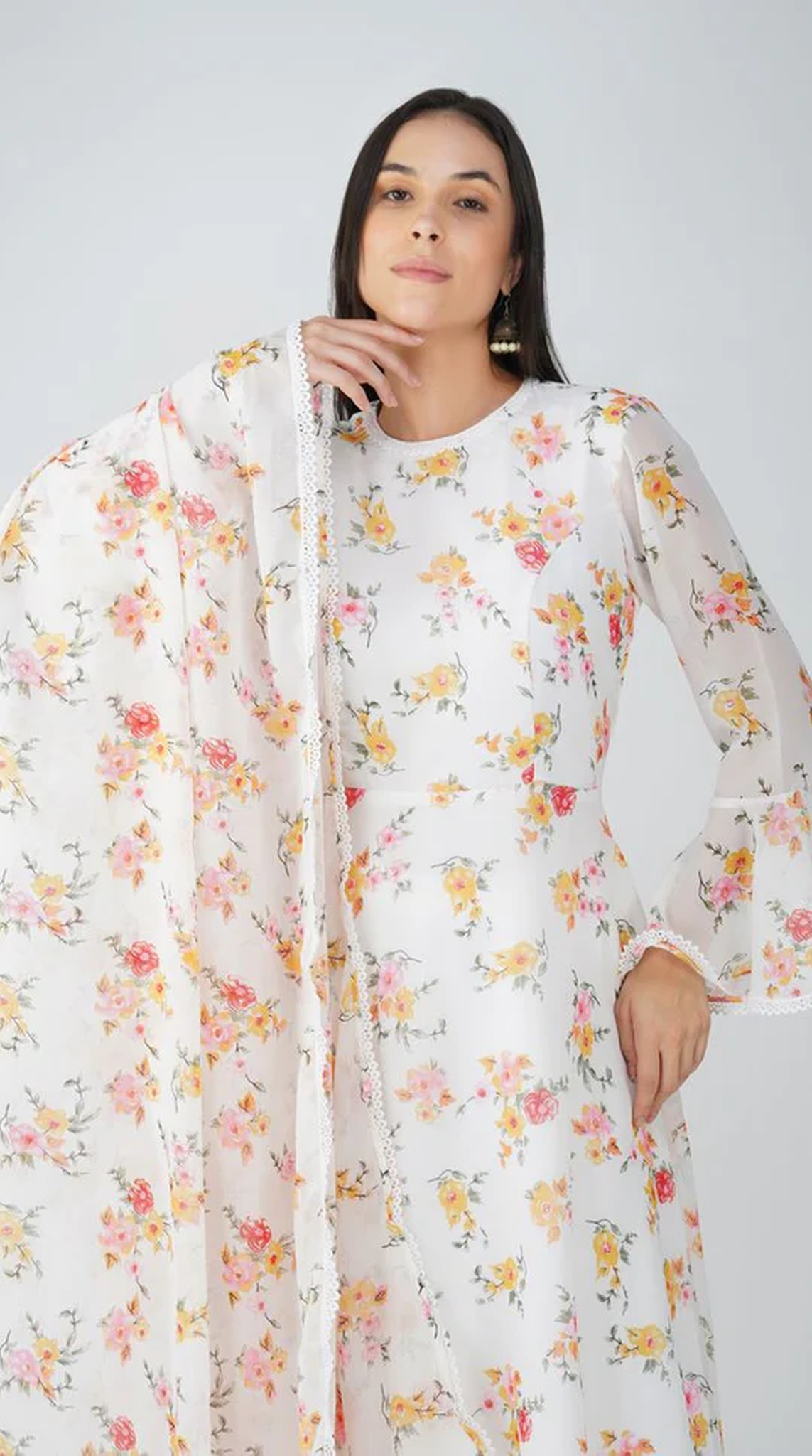 White Floral Printed Bias Cut Suit Set
