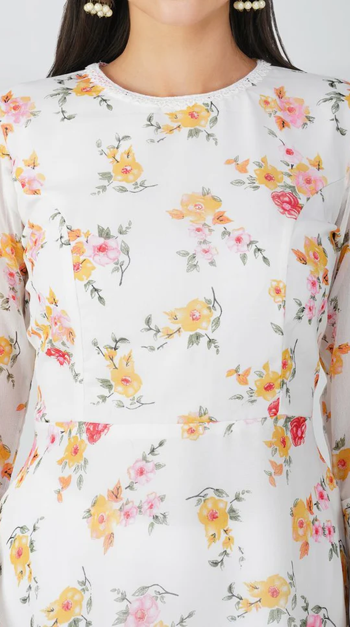 White Floral Printed Bias Cut Suit Set