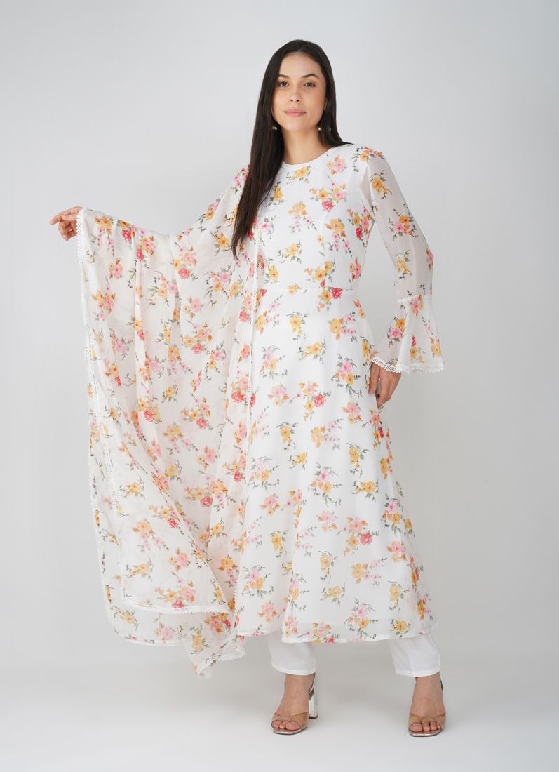 Buy White Floral Printed Bias Cut Suit Set