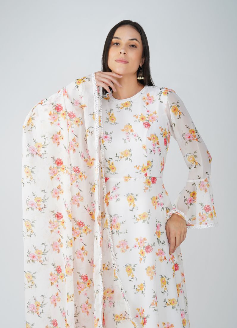 Buy White Floral Printed Bias Cut Suit Set