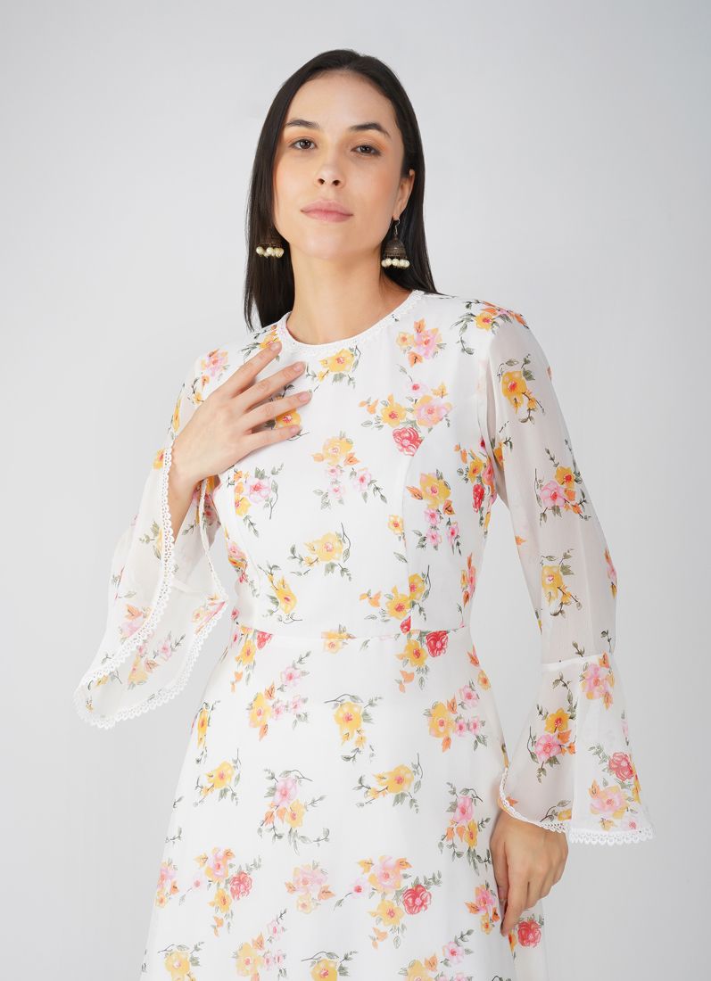 Buy White Floral Printed Bias Cut Suit Set