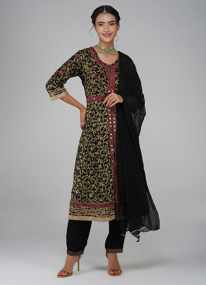 Black Rayon Printed Suit Set