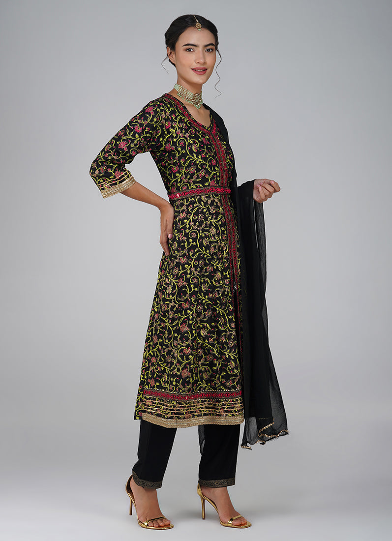 Black Rayon Printed Suit Set