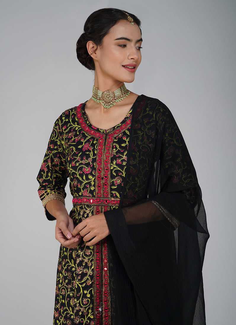 Black Rayon Printed Suit Set