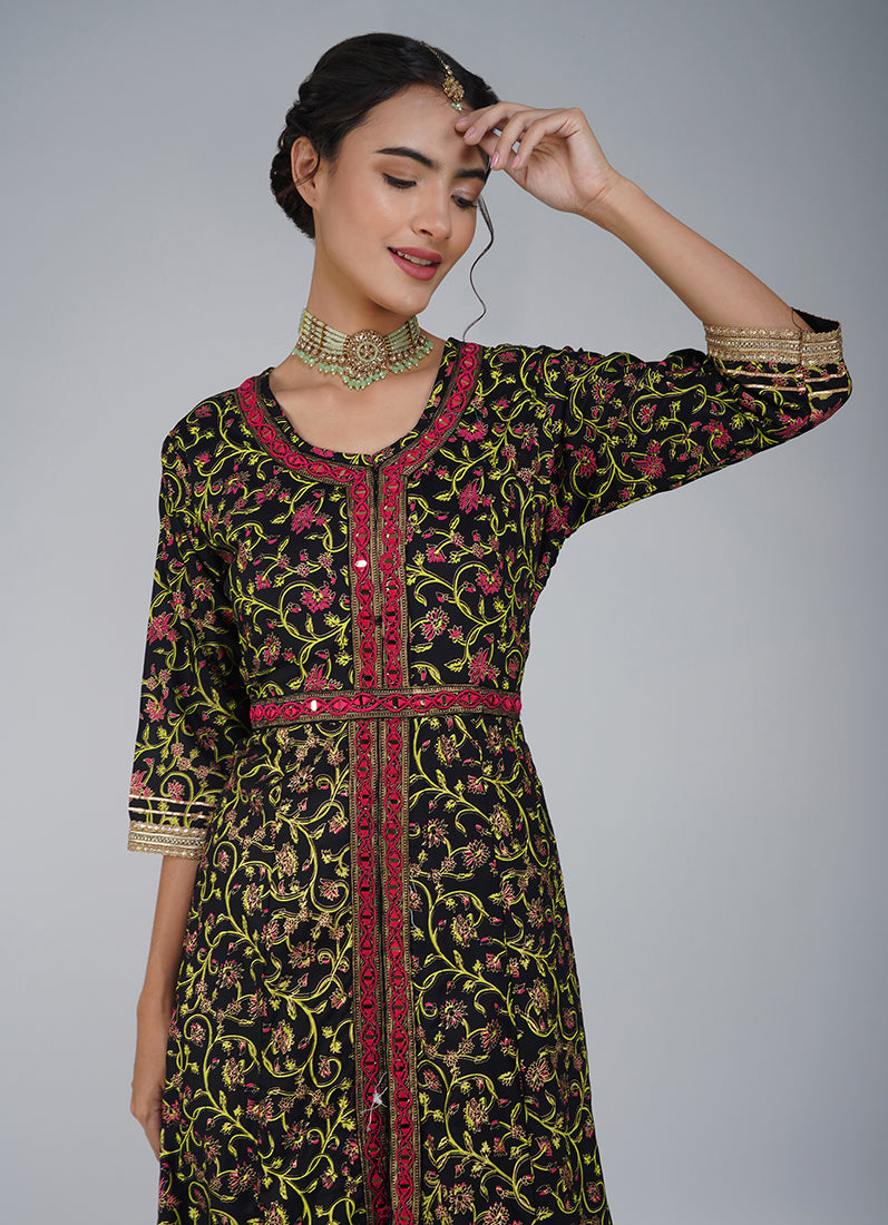 Black Rayon Printed Suit Set