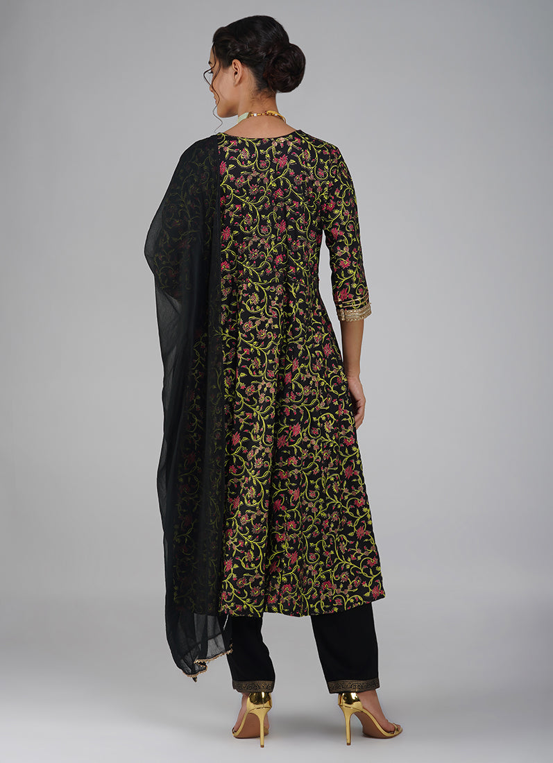 Black Rayon Printed Suit Set