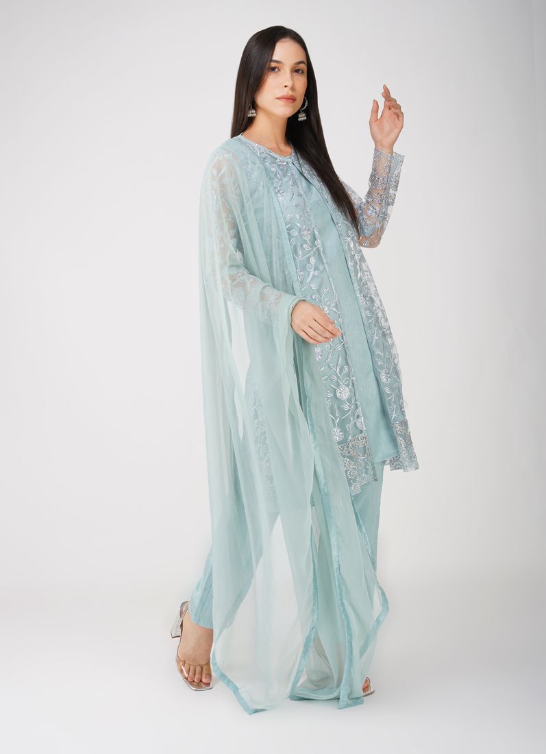 Buy Light Blue Resham Embroidery Jacket Suit Set