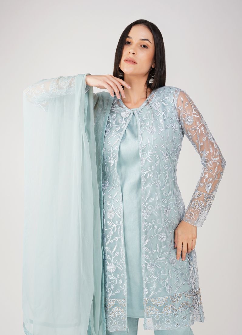 Buy Light Blue Resham Embroidery Jacket Suit Set
