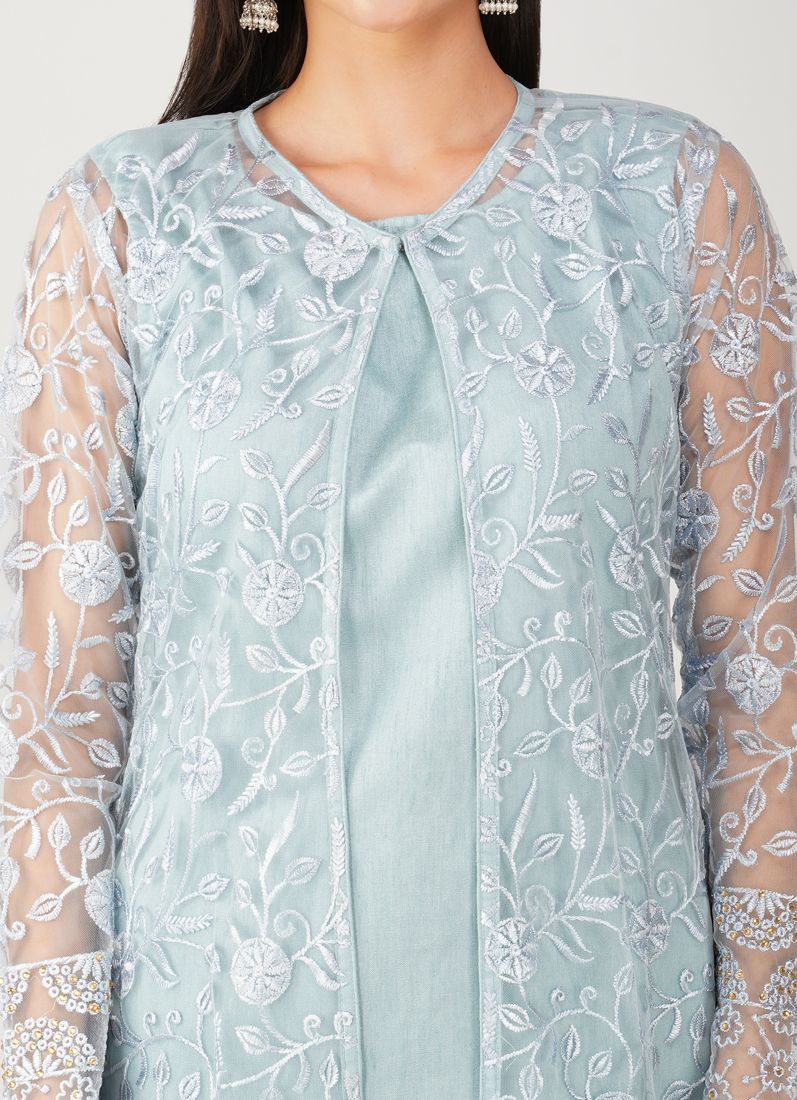 Buy Light Blue Resham Embroidery Jacket Suit Set