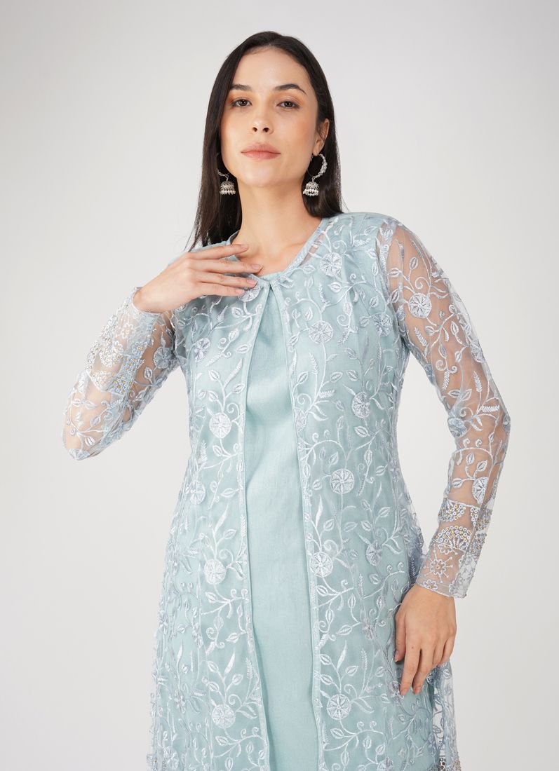 Buy Light Blue Resham Embroidery Jacket Suit Set