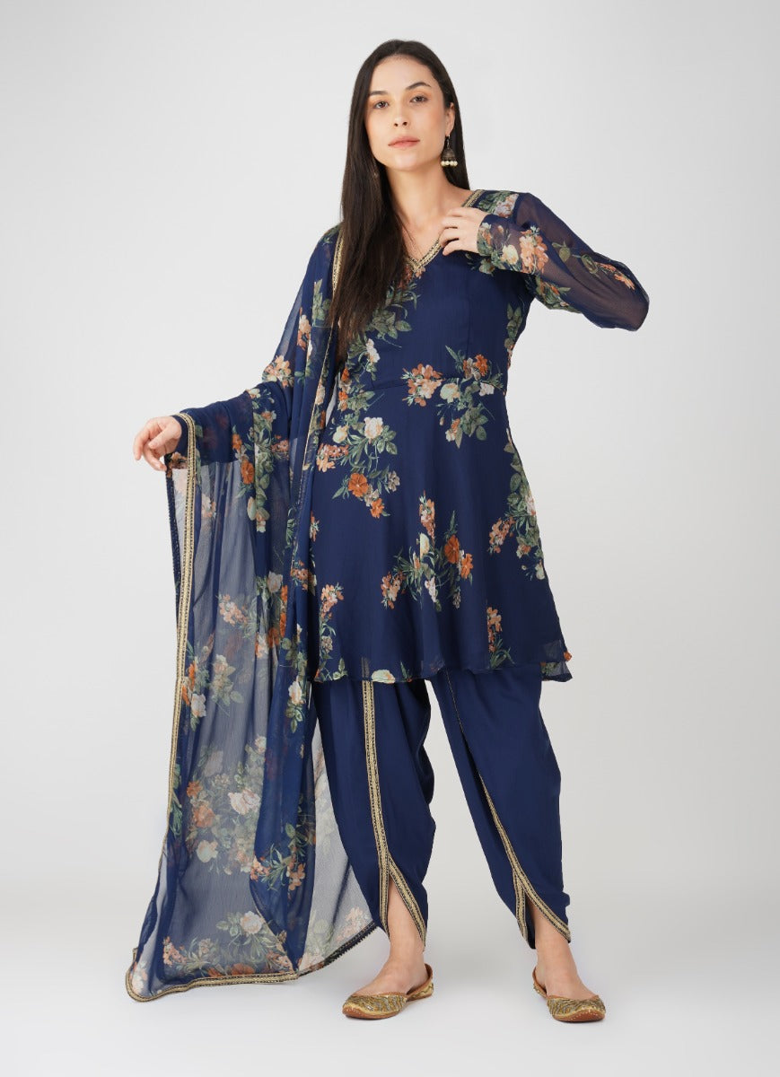 Navy Blue Georgette Peplum Suit Set