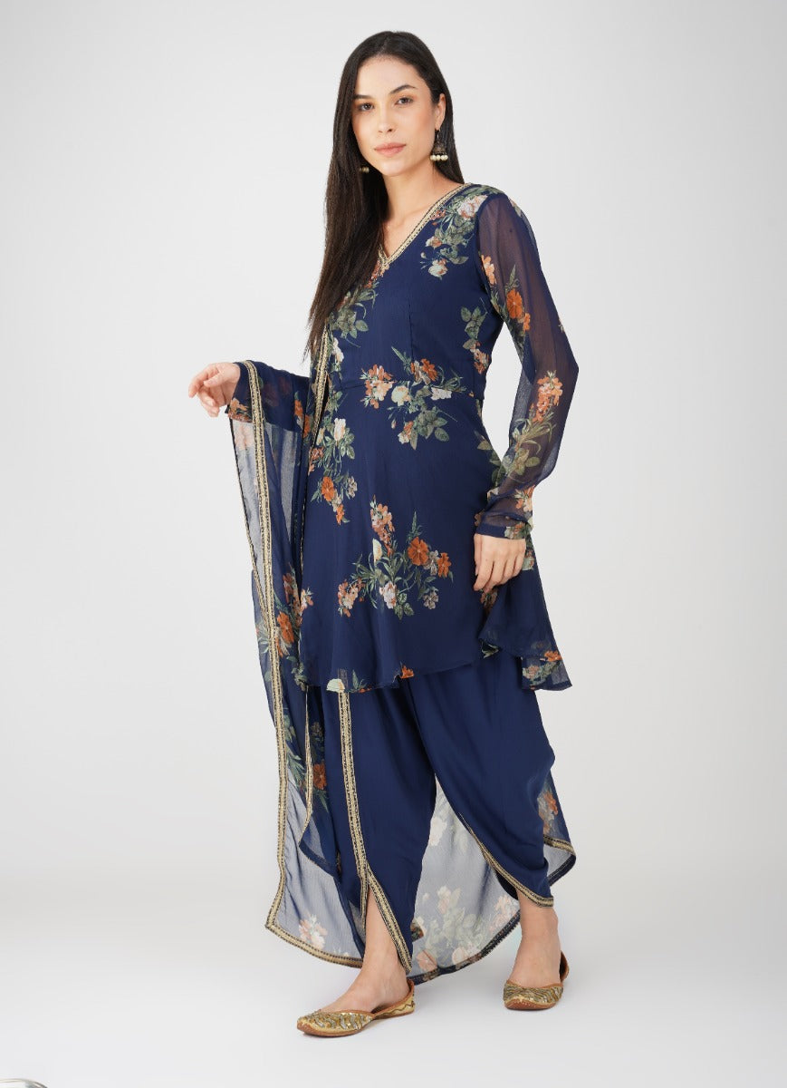 Navy Blue Georgette Peplum Suit Set