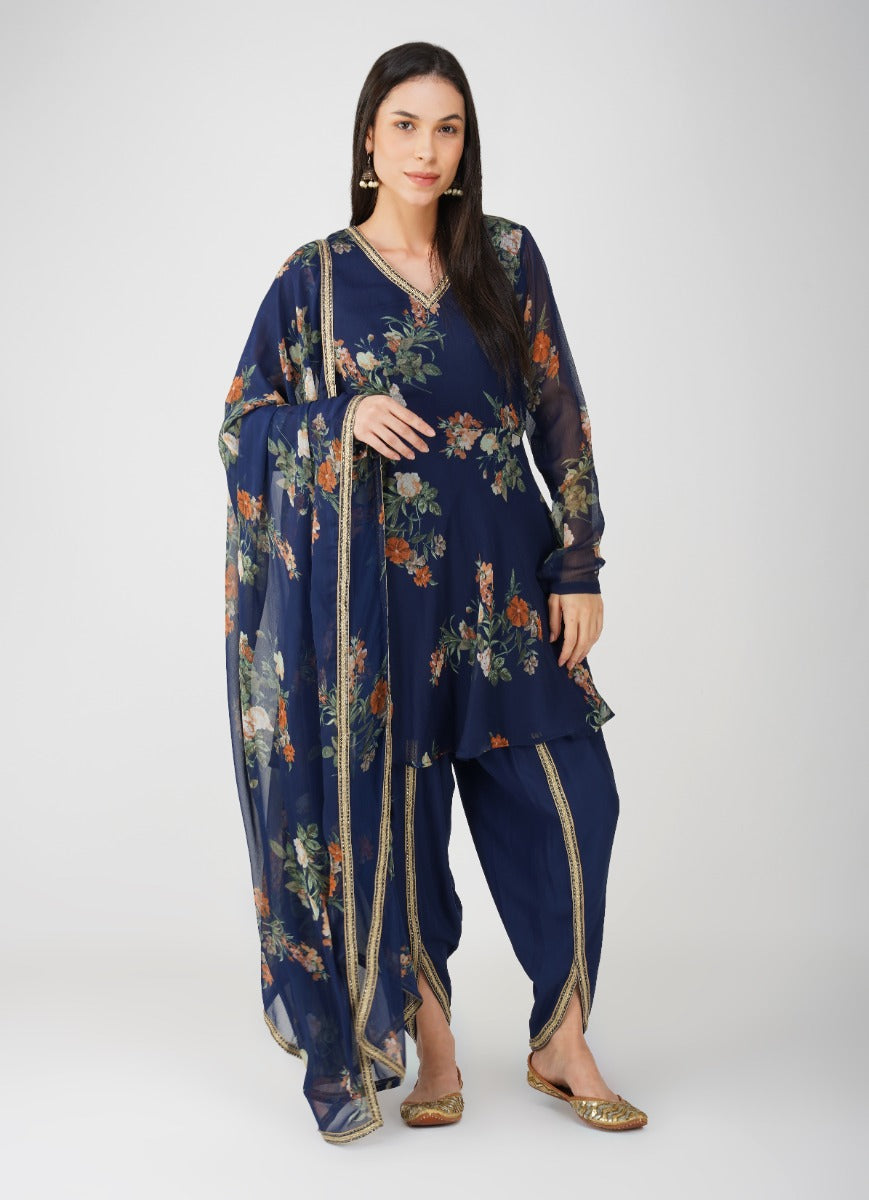 Navy Blue Georgette Peplum Suit Set