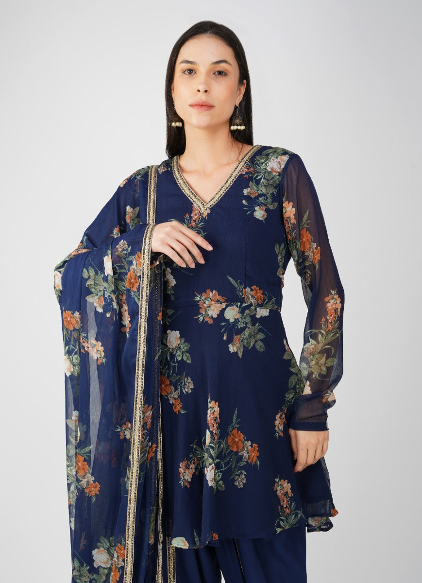 Navy Blue Georgette Peplum Suit Set