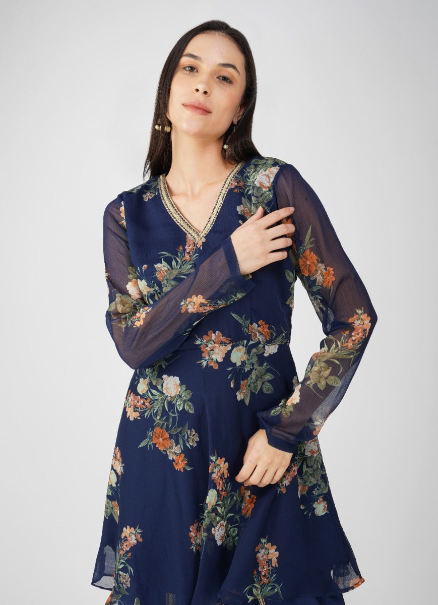 Navy Blue Georgette Peplum Suit Set