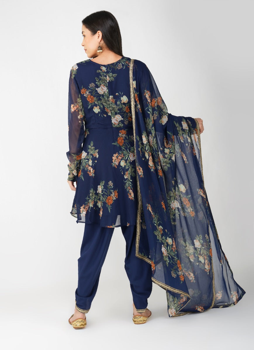 Navy Blue Georgette Peplum Suit Set