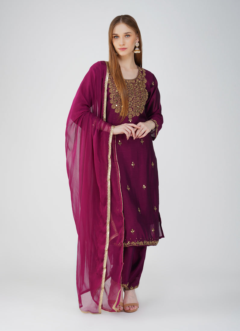 Wine Silk Straight Cut Suit