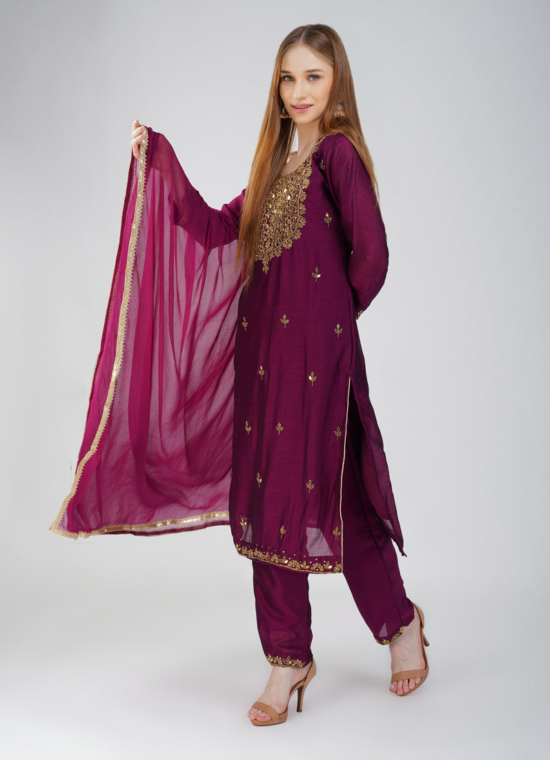 Wine Silk Straight Cut Suit