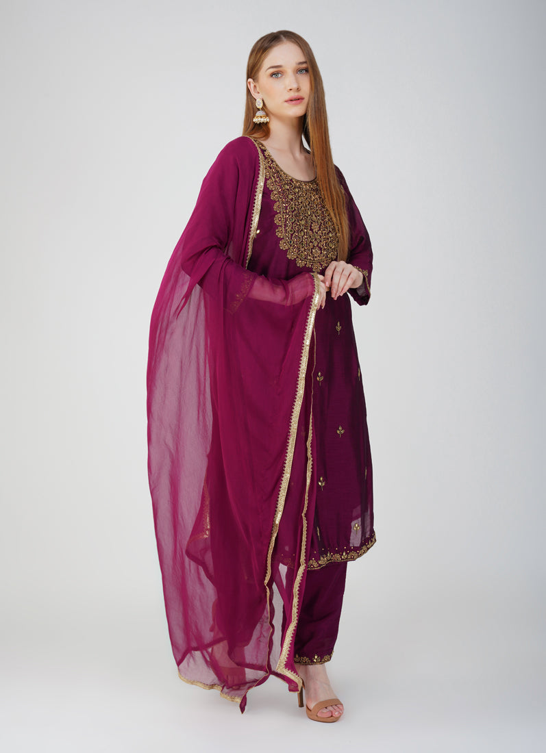 Wine Silk Straight Cut Suit