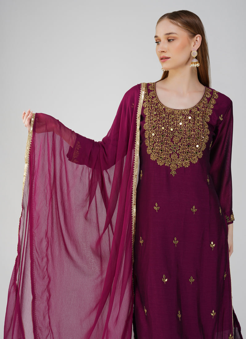 Wine Silk Straight Cut Suit