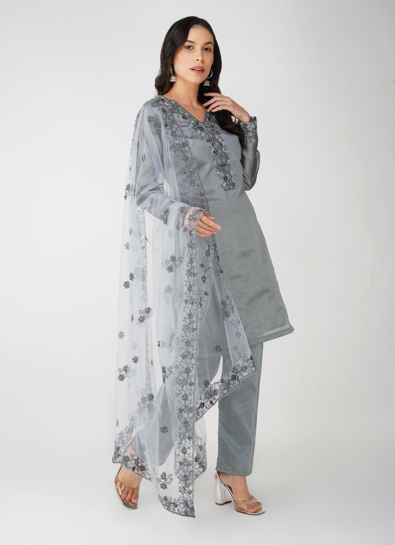Buy Grey Dupion Zari Embroidered Suit Set