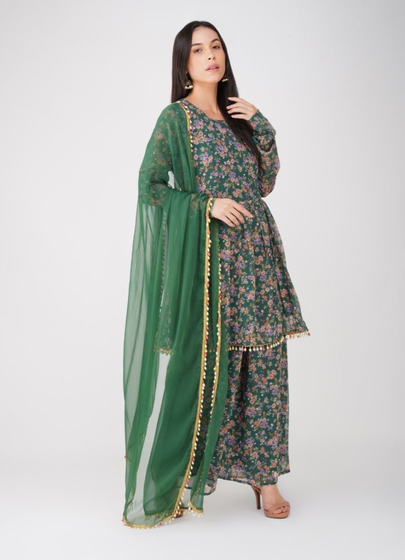 Buy Green Georgette Print On Print Suit