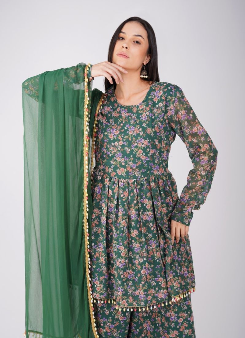 Buy Green Georgette Print On Print Suit