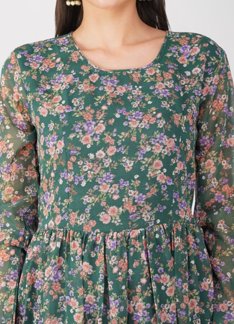 Buy Green Georgette Print On Print Suit