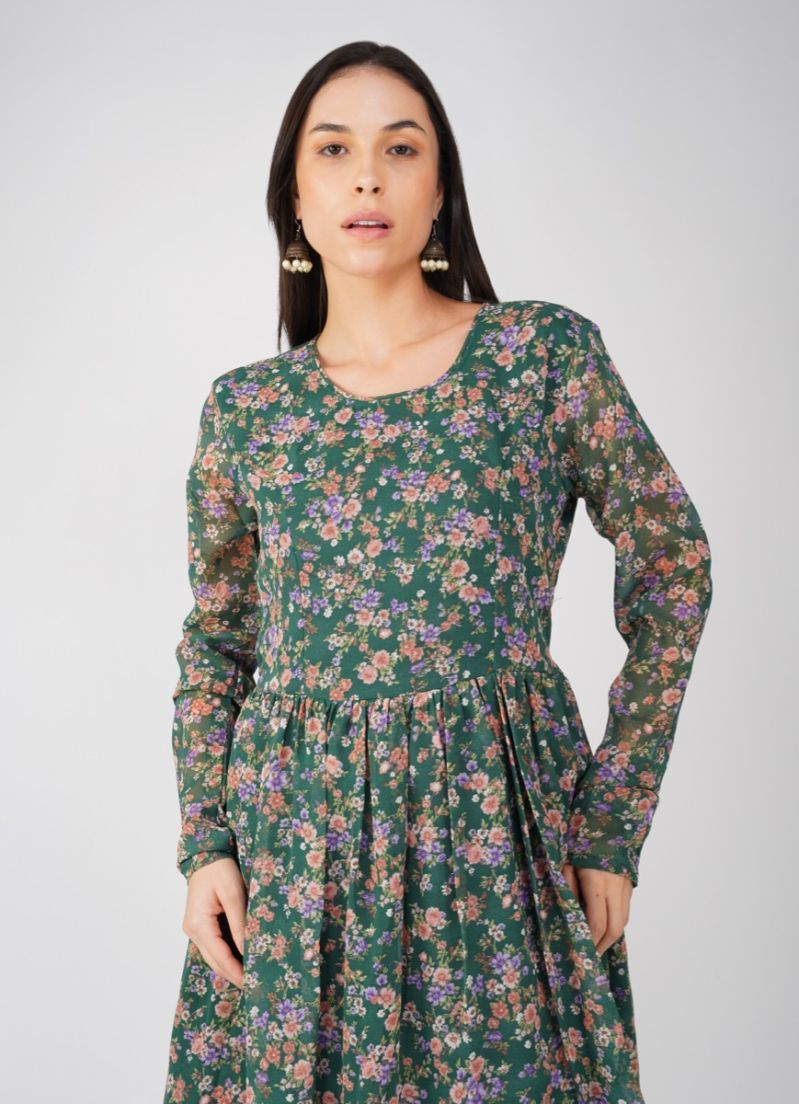 Buy Green Georgette Print On Print Suit