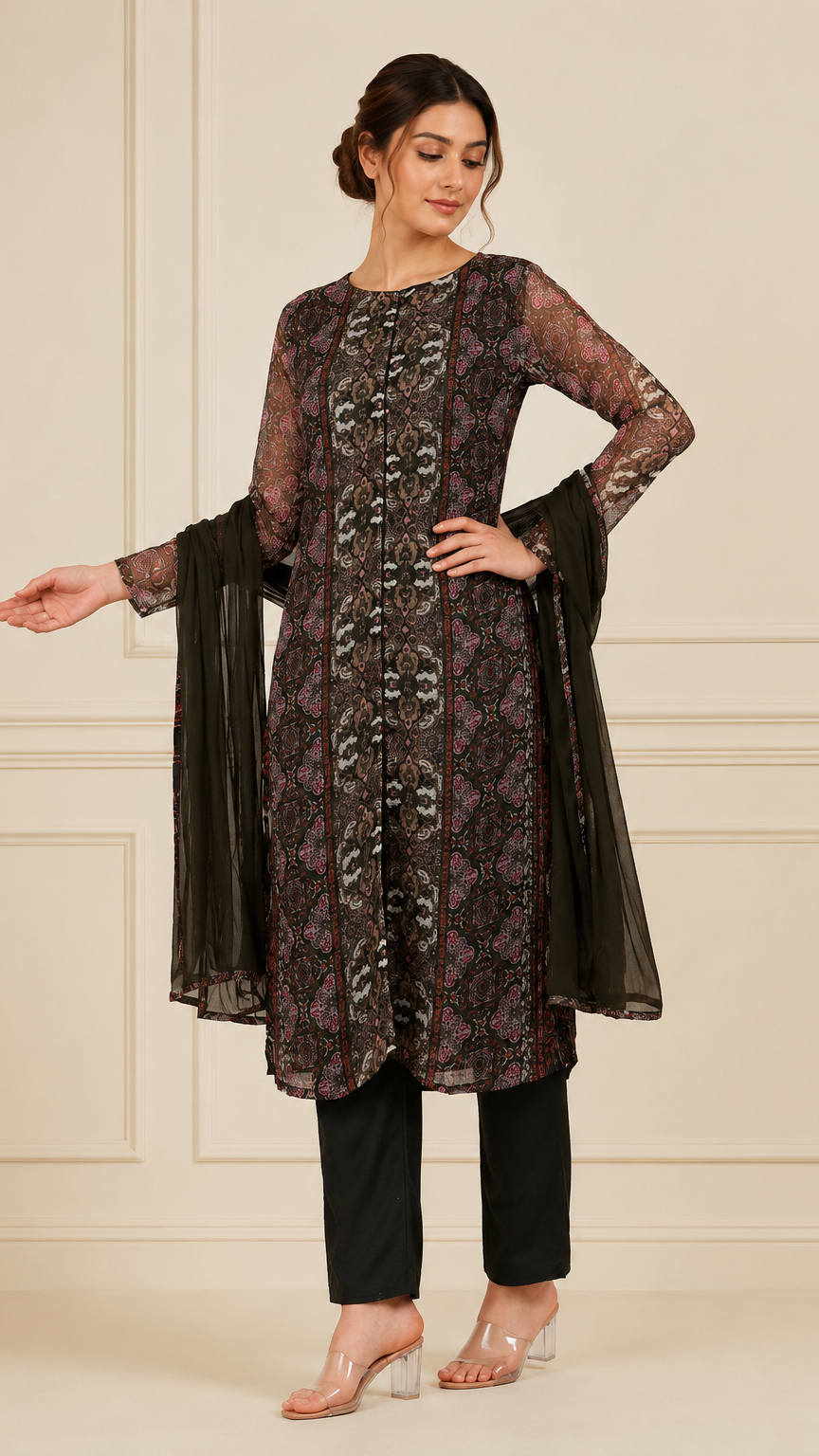 Black and olive women’s printed salwar kameez suit with matching trousers and chiffon dupatta, elegant Asian ethnic wear by Diya Online