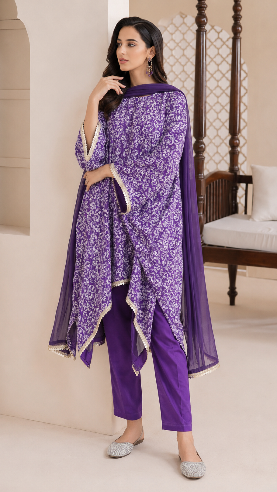 Purple women’s printed poncho salwar kameez suit with matching trousers and chiffon dupatta, elegant Asian ethnic wear by Diya Online