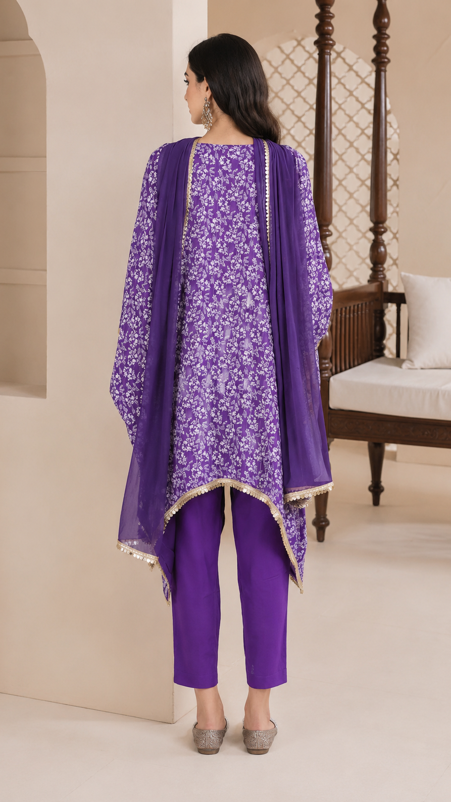 Purple women’s printed poncho salwar kameez suit with matching trousers and chiffon dupatta, elegant Asian ethnic wear by Diya Online