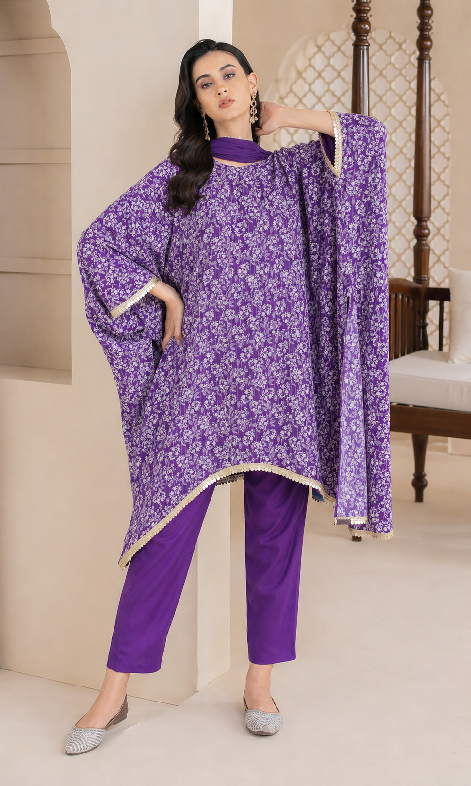 Purple women’s printed poncho salwar kameez suit with matching trousers and chiffon dupatta, elegant Asian ethnic wear by Diya Online
