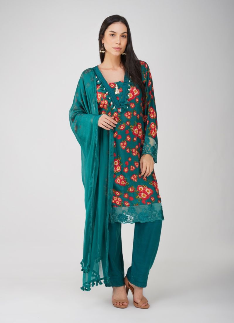 Buy Teal Muslin Printed Suit Set