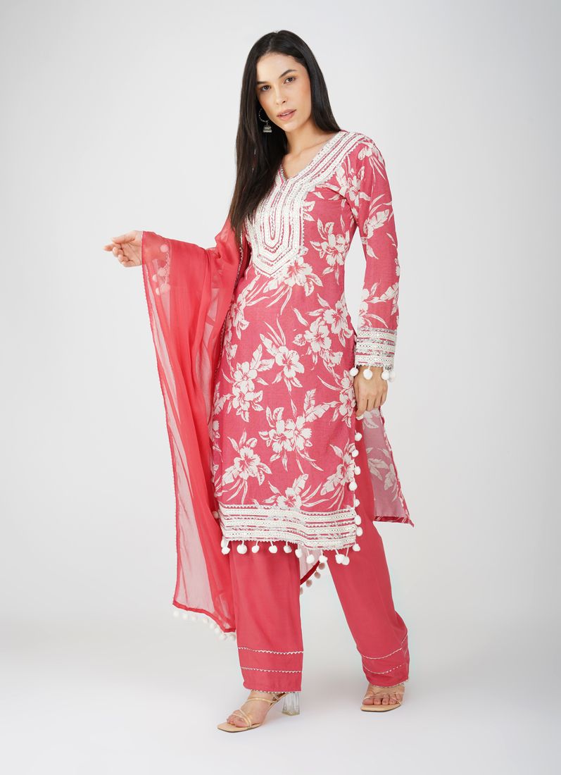 Buy Pink Muslin Printed Suit Set