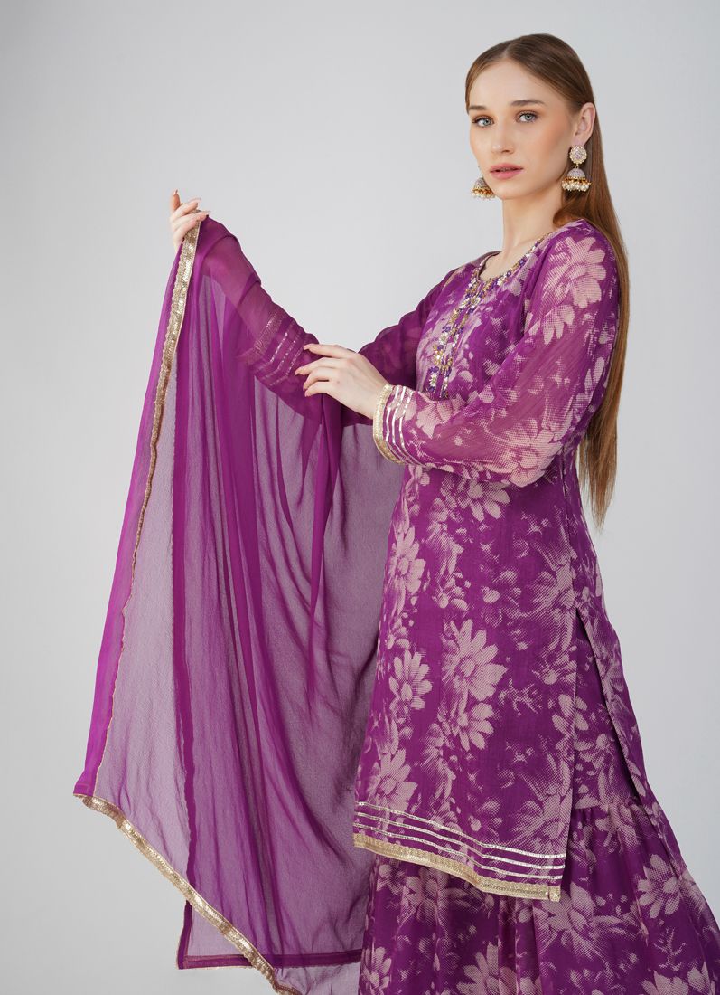 Buy Purple Georgette Printed Suit Set